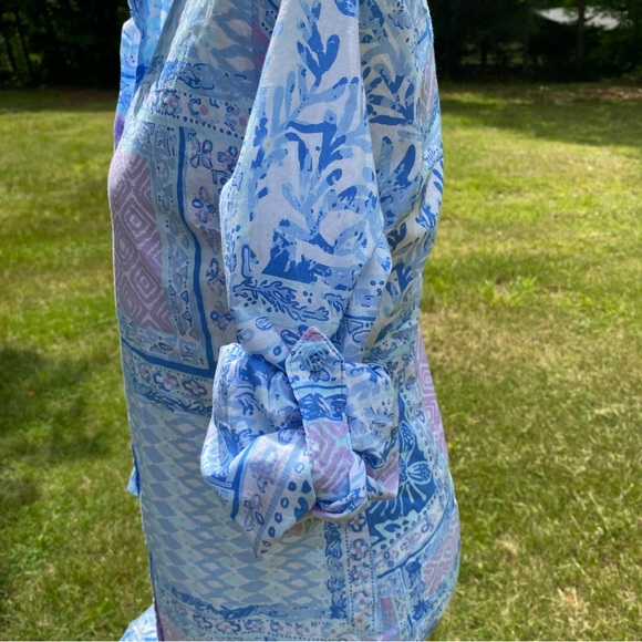 THREE ISLANDS DRESS SHIFT BUTTON FRONT LONG SLEEVE BLUE WHITE PURPLE SIZE XS - Picture 6 of 10